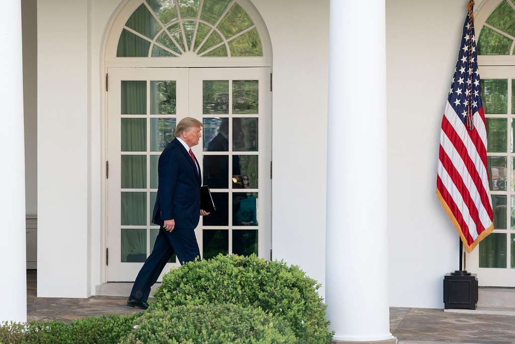 President Donald J. Trump arrives to the coronavirus press briefing Sunday, March 29, 2020, in the Rose Garden at the White House. (Official White House Photo by Andrea Hanks)