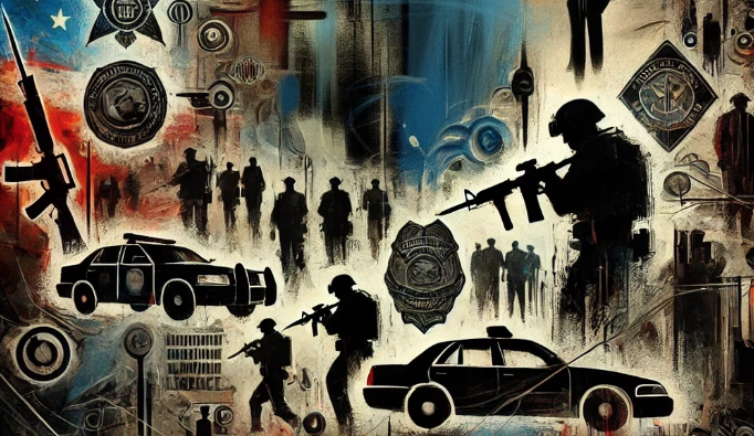 An abstract image depicting the militarization of federal law enforcement and its impact on civil liberties. The image uses dark, intense colors to symbolize conflict and authority, with abstract shapes representing law enforcement elements like badges, weapons, and surveillance, blending into symbols of civilian life such as homes and people. Shadows and ominous figures add to the tense and cautionary feel, reflecting the controversial nature of these plans, with all elements seamlessly integrated into the background."