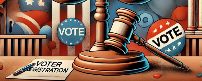 An abstract representation of a courtroom with symbols of justice like scales and a gavel, surrounded by political symbols like the American flag and campaign logos. The backdrop includes abstract shapes and colors representing tension and controversy, highlighting themes of voter registration, legal battles, and political conflict.