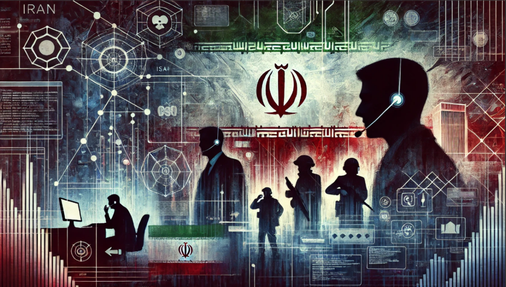 "An abstract representation of heightened security measures at a public event with a foreboding atmosphere, featuring silhouettes of security personnel in suits and earpieces, dark ominous colors, the word 'Iran' subtly integrated, abstract representations of online messages and digital threats, and a map of the Middle East centered on Iran subtly included in the background, all elements faded into the background."