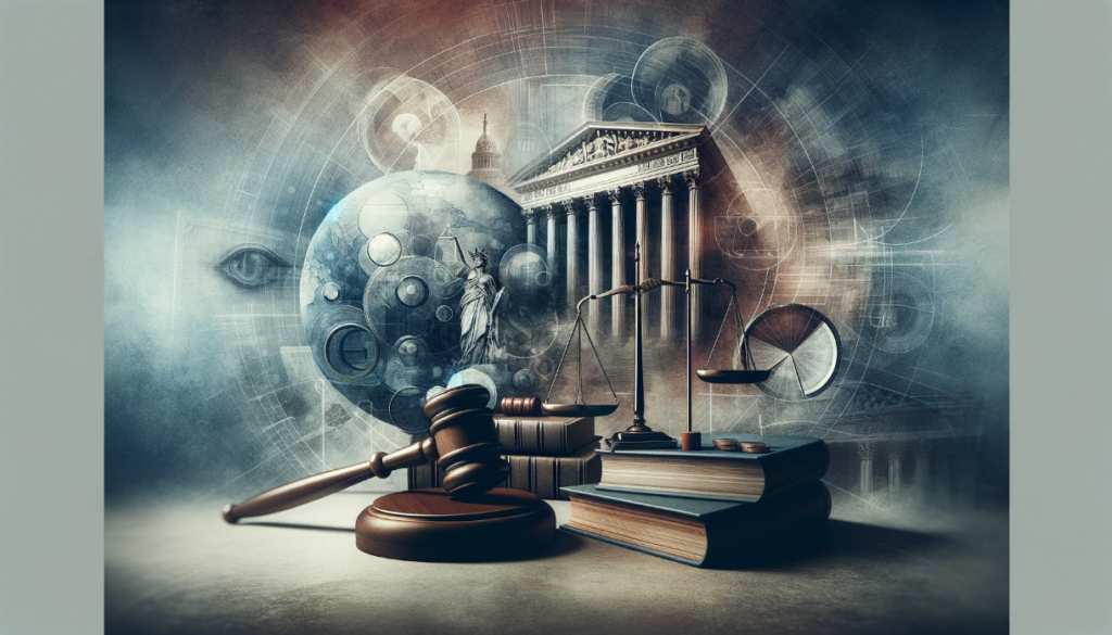 Abstract image representing the US Supreme Court and legal battles, featuring scales of justice, law books, and a gavel with a background hinting at controversy and complexity, in shades of blue and grey.