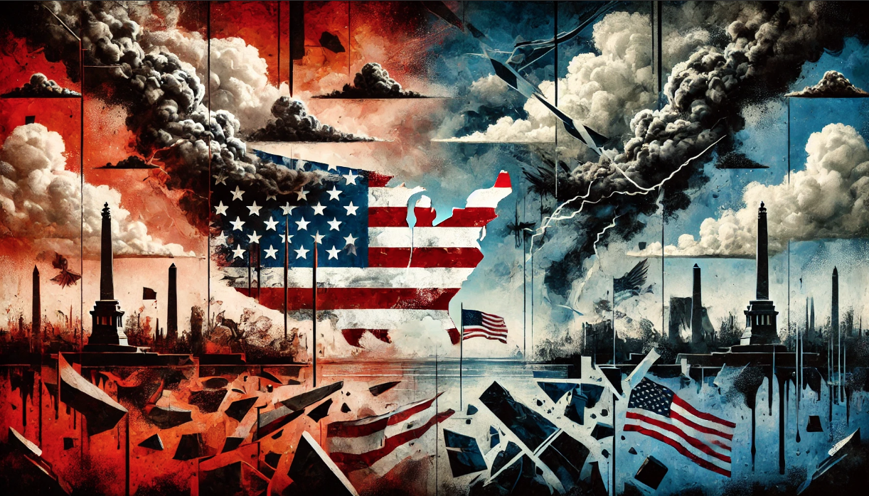 Abstract depiction of political tension and chaos in the United States with a divided American flag, storm clouds, and fragmented pieces.