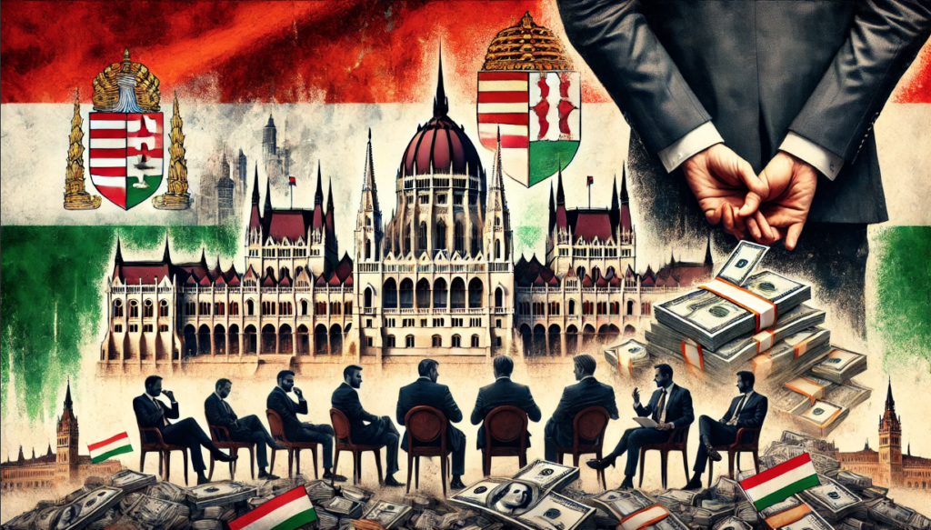 A professional, journalistic-style image depicting Hungary, corruption, and money. The image features the Hungarian Parliament building, stacks of cash, and people in business suits, symbolizing corruption.