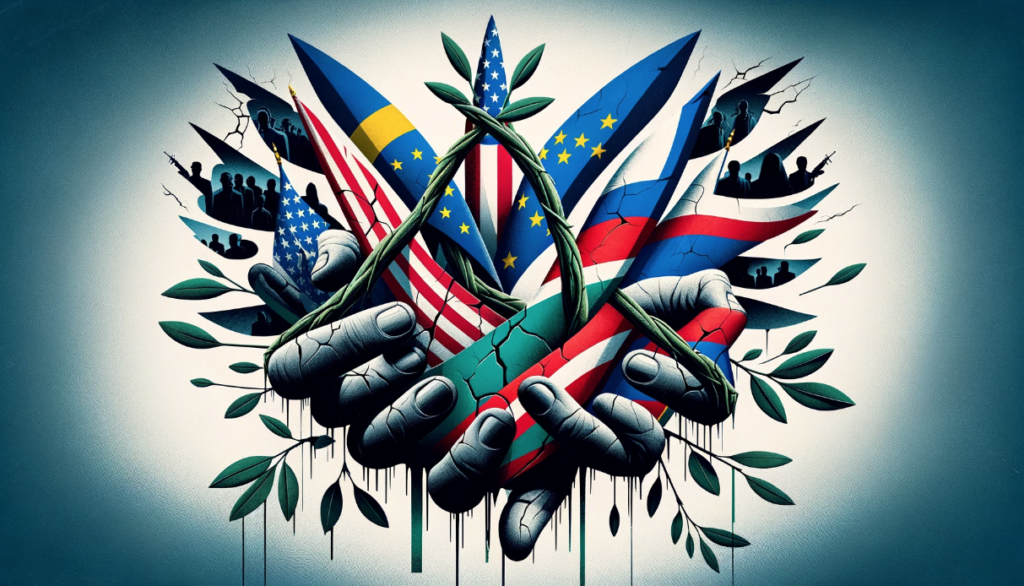 An abstract, horizontal feature image representing international diplomacy and peace negotiations with a clear indication of phony gestures and sinister intentions. The image includes symbolic elements like flags of the United States, European Union, Hungary, Russia, and Ukraine intertwined with olive branches. The olive branches are wilted and partially broken, and the flags have noticeable cracks and tears. There are shadowy, ominous figures in the background, adding a sinister tone. The overall theme explicitly suggests a deceptive peace gesture and insincere international cooperation.