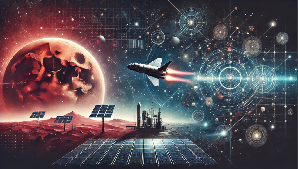 A horizontal abstract image of a futuristic spacecraft traveling through space towards Mars, with elements of robotic construction on the Moon, solar power arrays, and advancements like fusion energy and artificial intelligence.