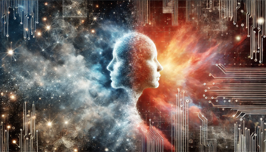 Abstract image depicting the contrast between a human figure made of stardust and a metallic android, symbolizing the theme of creation versus synthetic intelligence.