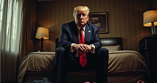 Donald Trump sitting on the edge of a bed in a dimly lit room, looking contemplative with a serious expression.