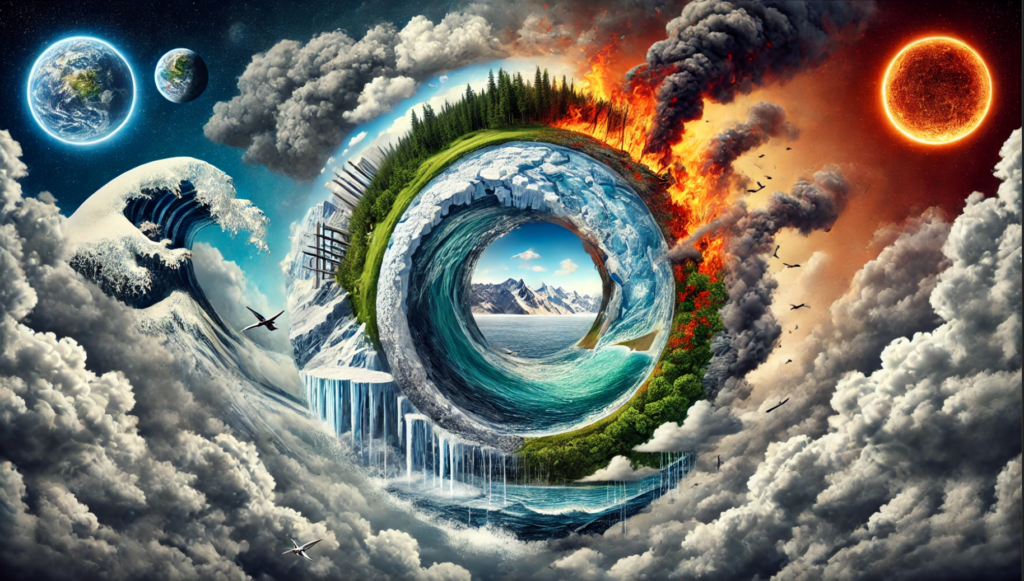 An illustration depicting the climate change feedback loop, highlighting key elements such as rising temperatures, increased CO2 emissions, melting ice, and more frequent wildfires.